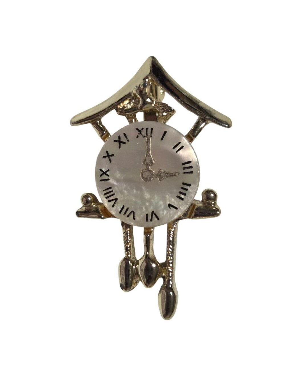 Vintage Cuckoo Clock Brooch Gold Tone Roman Numeral Mother Of Pearl Face Jewelry